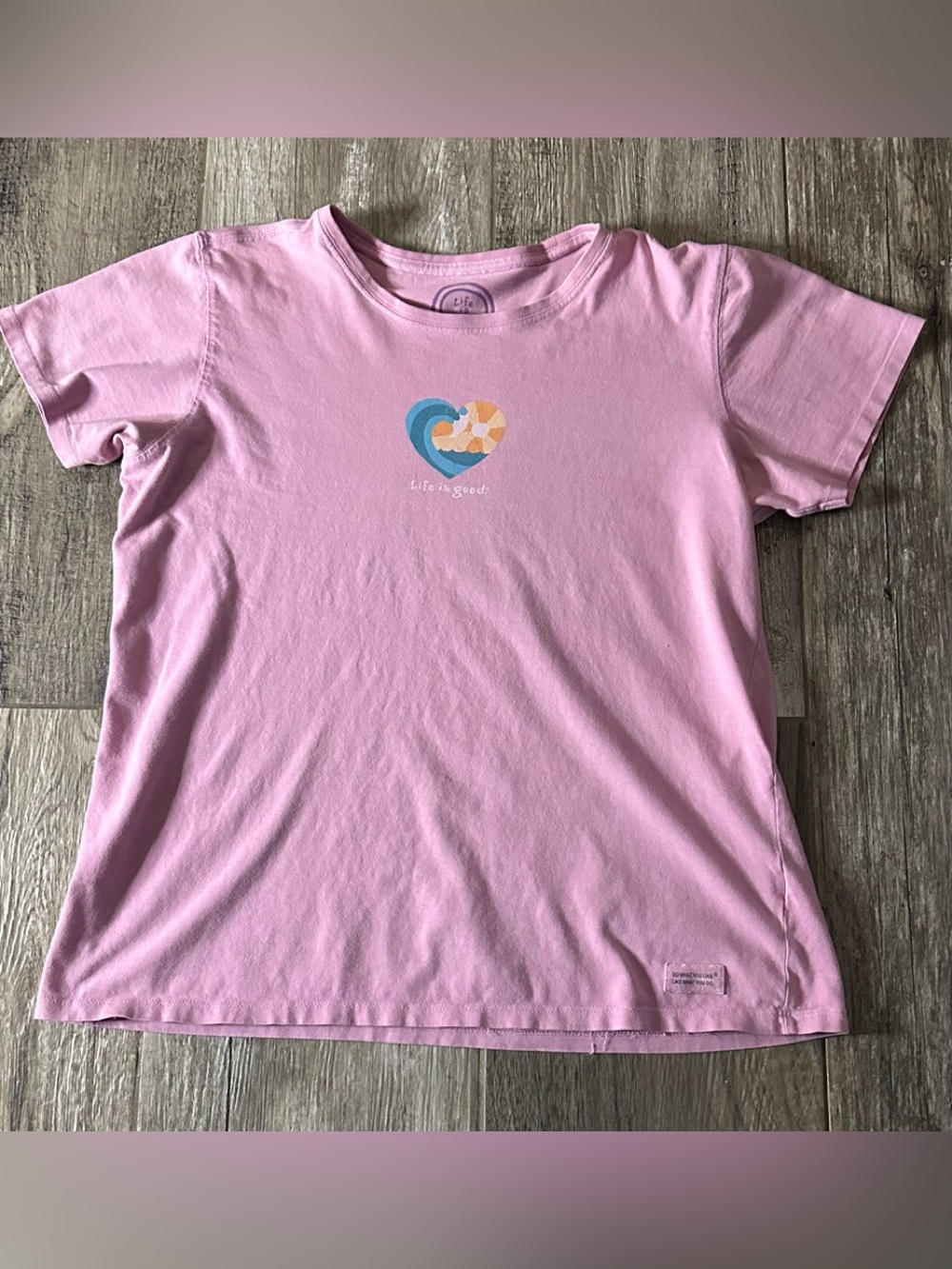 Life Is Good Pink Tee with Multicolor Heart Graphic